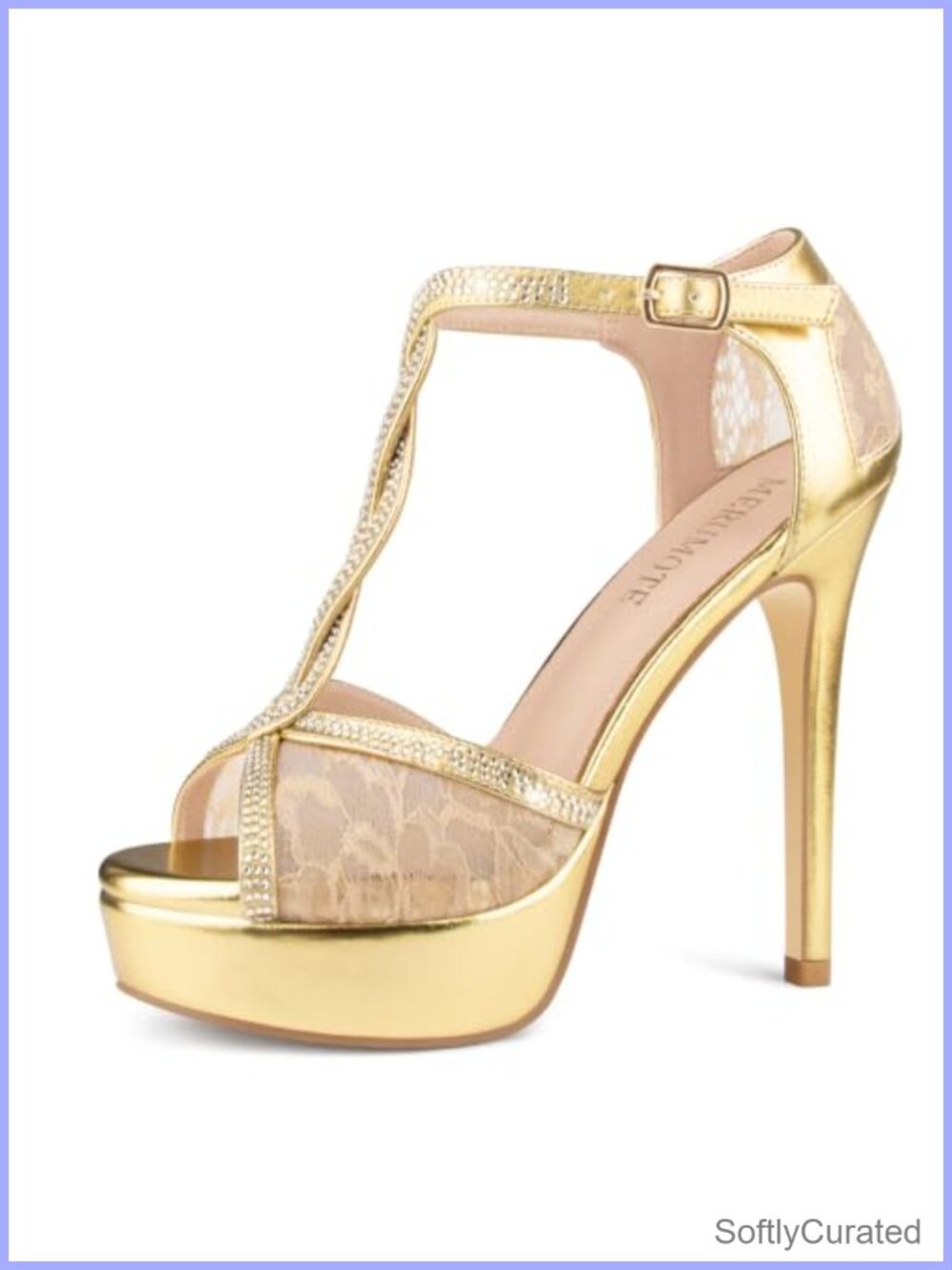 Peep Toe Platform Stiletto Heels Rhinestone Lace Ankle Strap Sandals